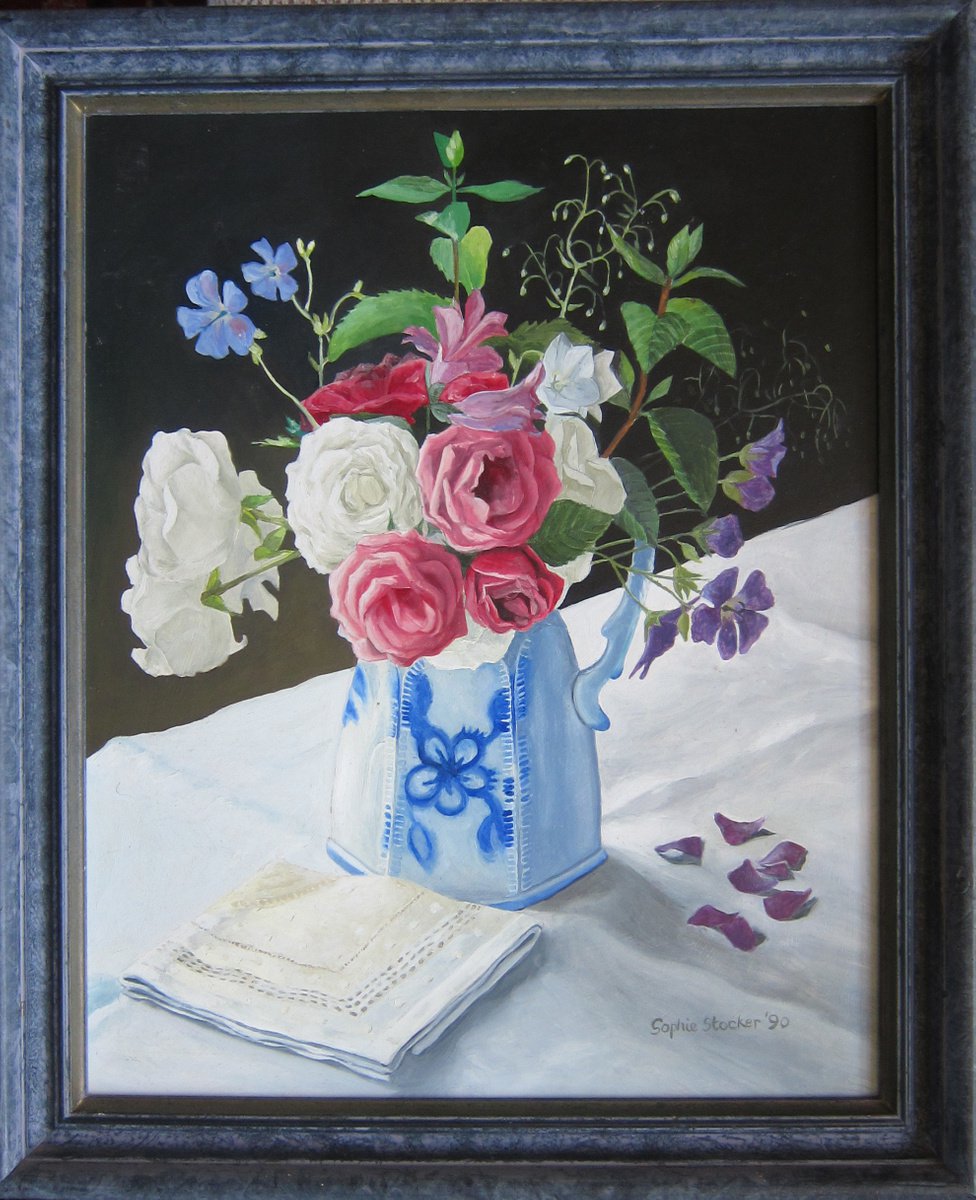 Impressionistic Botanical Oil Painting By Sophie Colmer-Stocker, 15 X 17", Roses In Blue And White Jug, Original Artwork