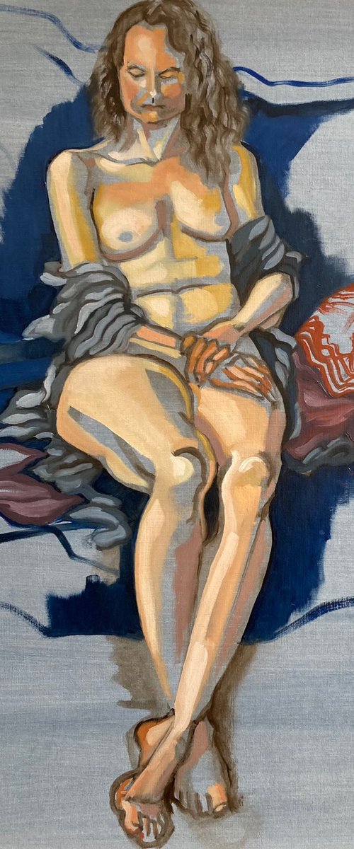 Sitting Nude with Scarf (Blue) by Tarja Laine