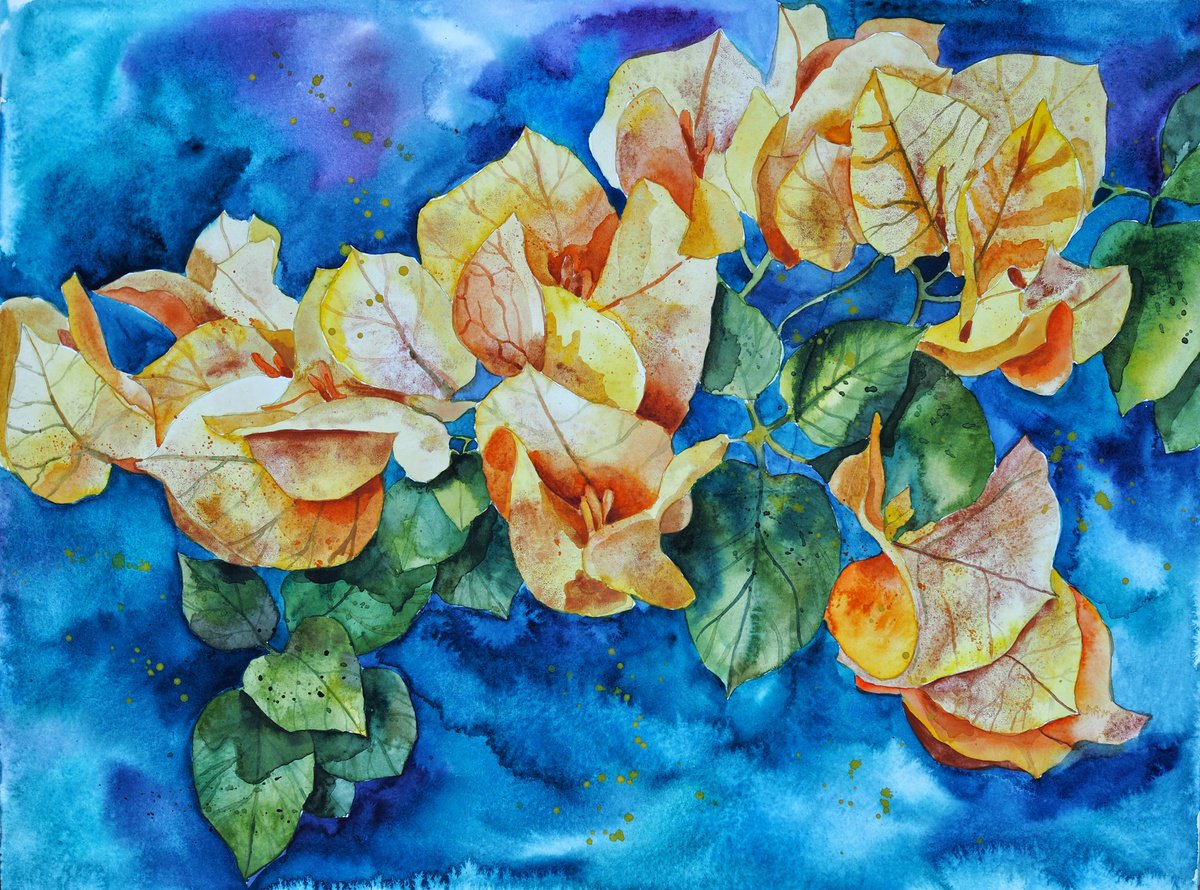 Impressionistic Botanical Watercolour By Delnara El, 16 X 12, Yellow Bougainvillea, Original Artwork