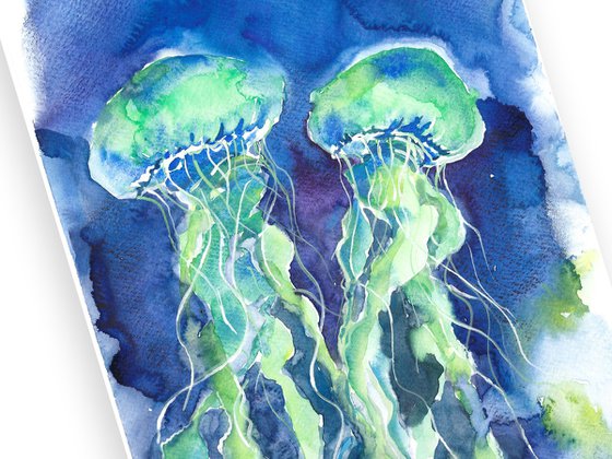 Jellyfish watercolor, Marine landscape art