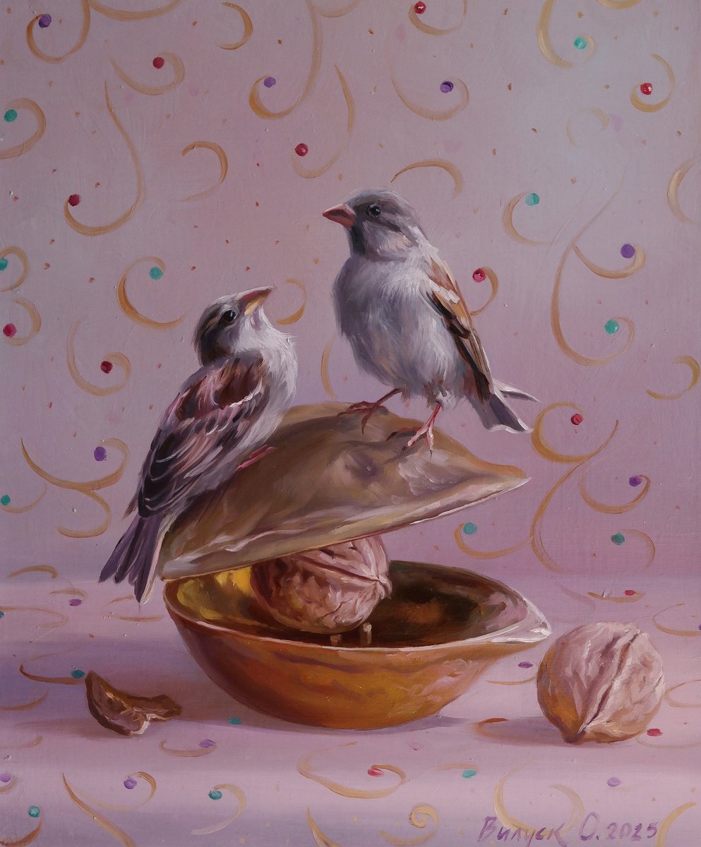 Illustrative Animal Oil Painting By Lena Vylusk, 10 X 12", "Present", Original Artwork