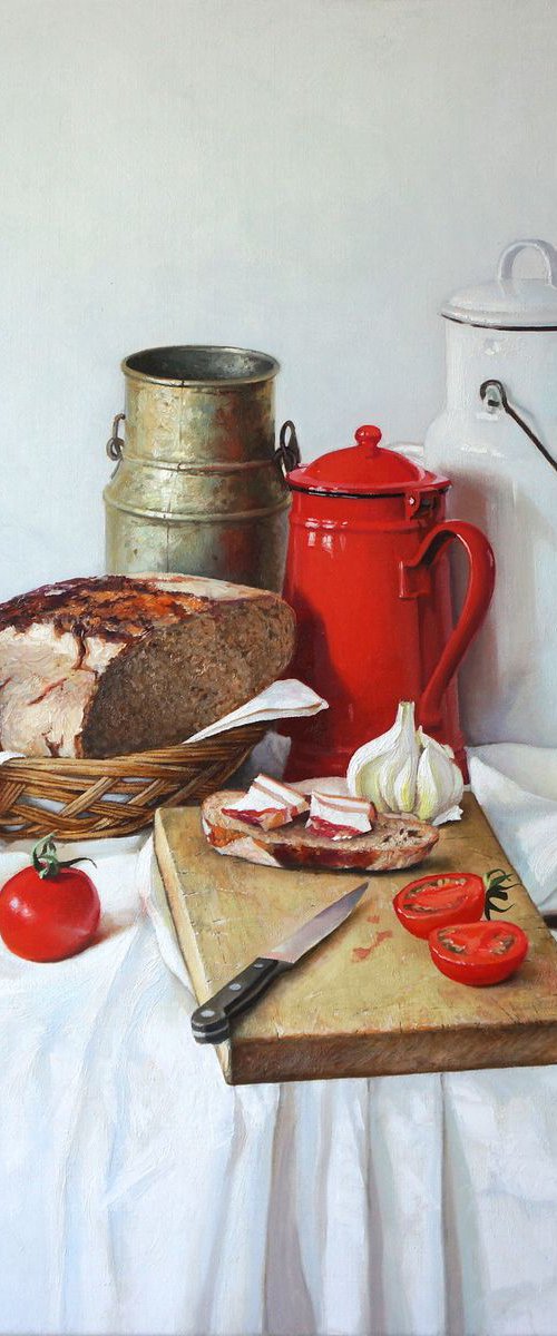 Still life with red coffee pot and bread by Sergej Sologub