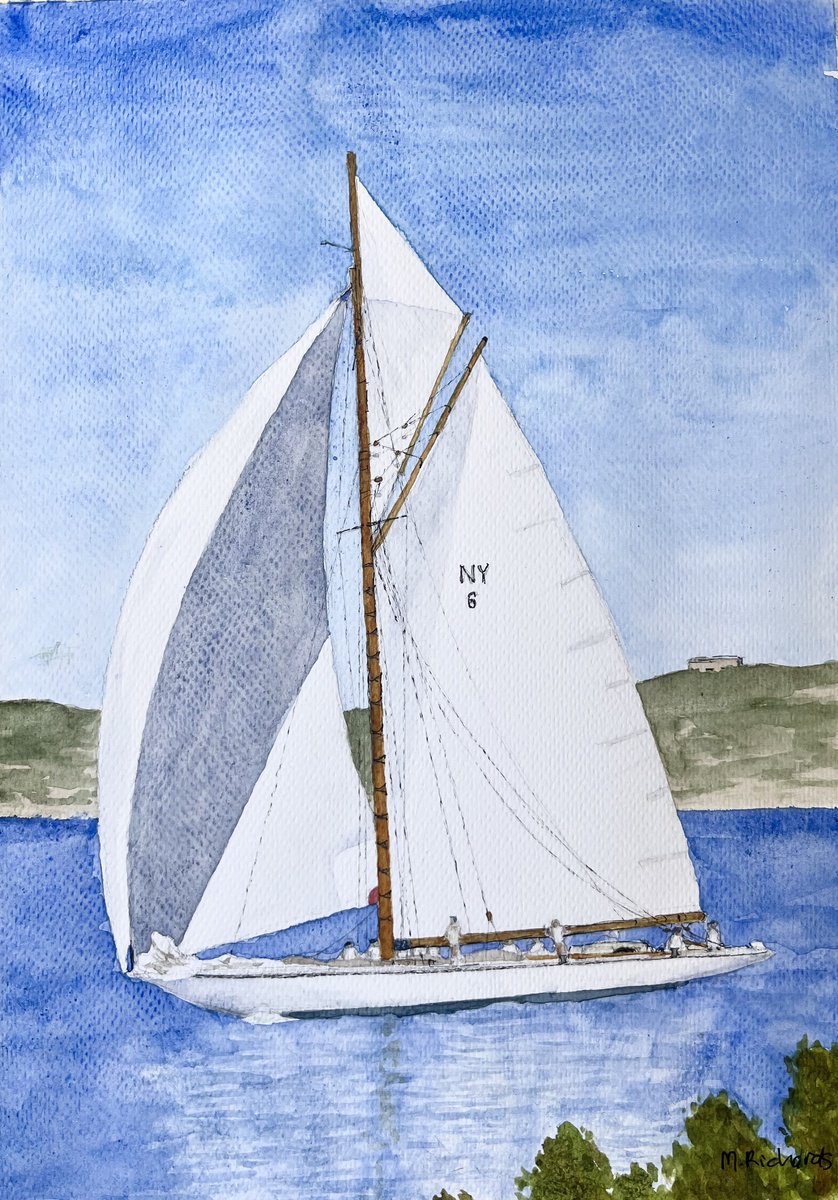 Impressionistic Landscape Watercolour By Michael Richards, 8 X 12", Ny50 Spartan In Mahon Harbour, Original Artwork