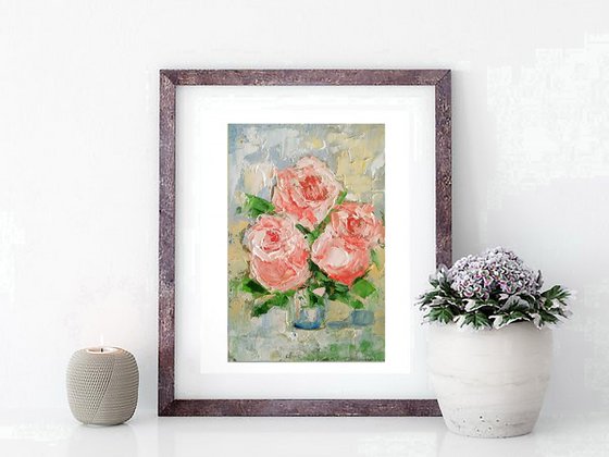 Pink Roses Painting Original Art Small Oil Artwork Flower Wall Art Floral Mini Oil Painting