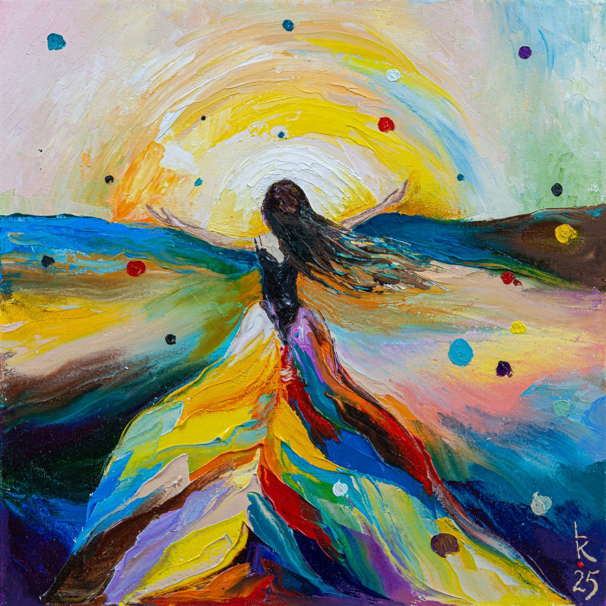 Impressionistic Portrait Oil Painting By Liubov Kuptsova, 12 X 12", Embrace The Sun, Original Artwork