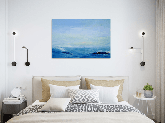 Large Abstract Seascape Painting #810-44. Dark blue, grey, teal, white. Beach, ocean, waves, sky with clouds.