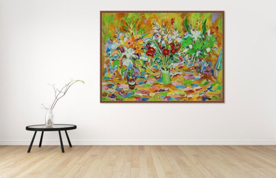 STILL LIFE WITH FLOWERS - floral art, vanity, original oil painting, large size