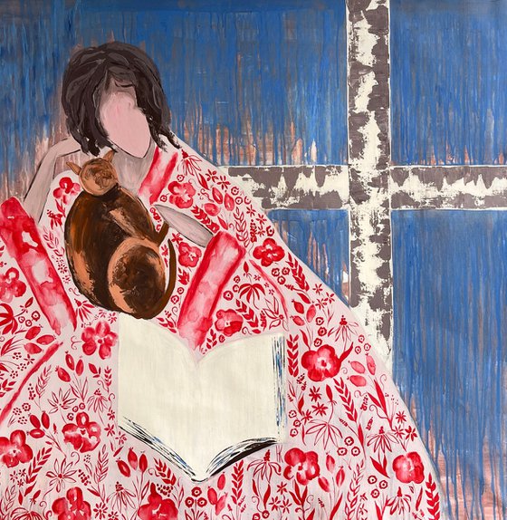 Woman Cat Reading Original Painting