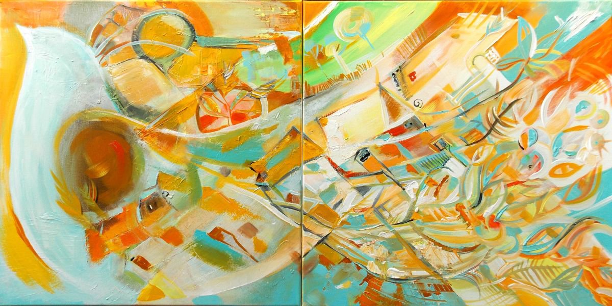 Abstract Animal Acrylic Painting By Maria Paunova, 39 X 20", Nightingale Song Diptych, Original Artwork