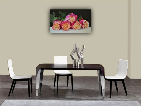 Roses Painting, Still life with Flowers, Pink Rose, Creamy Garden Rose