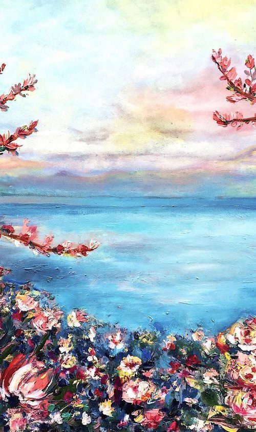 Magnolias - Geneva-Leman lake swiss landscape, original oil art painting on stretched canvas by Nino Ponditerra