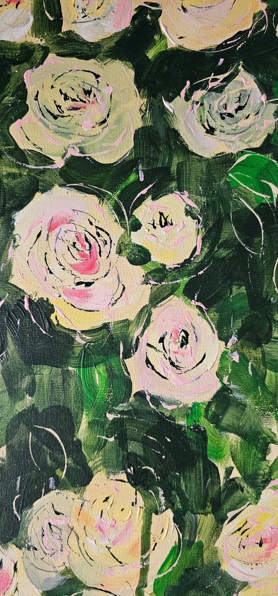 Blooming abstract rose garden in pale yellow