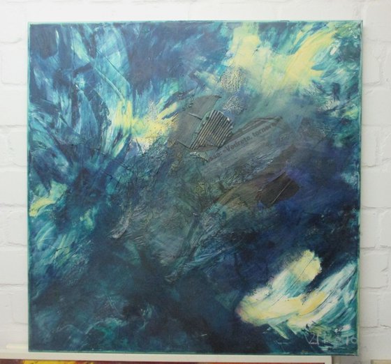 ocean blue abstract - informel collage painting xl 39x39 inch