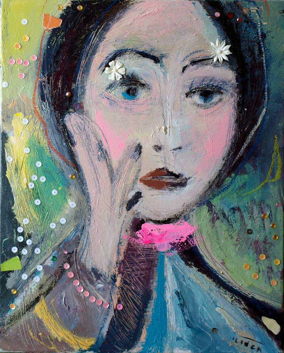 Organic Portrait Acrylic Painting By Catalin Ilinca, 13 X 16, Tete De Femme (L