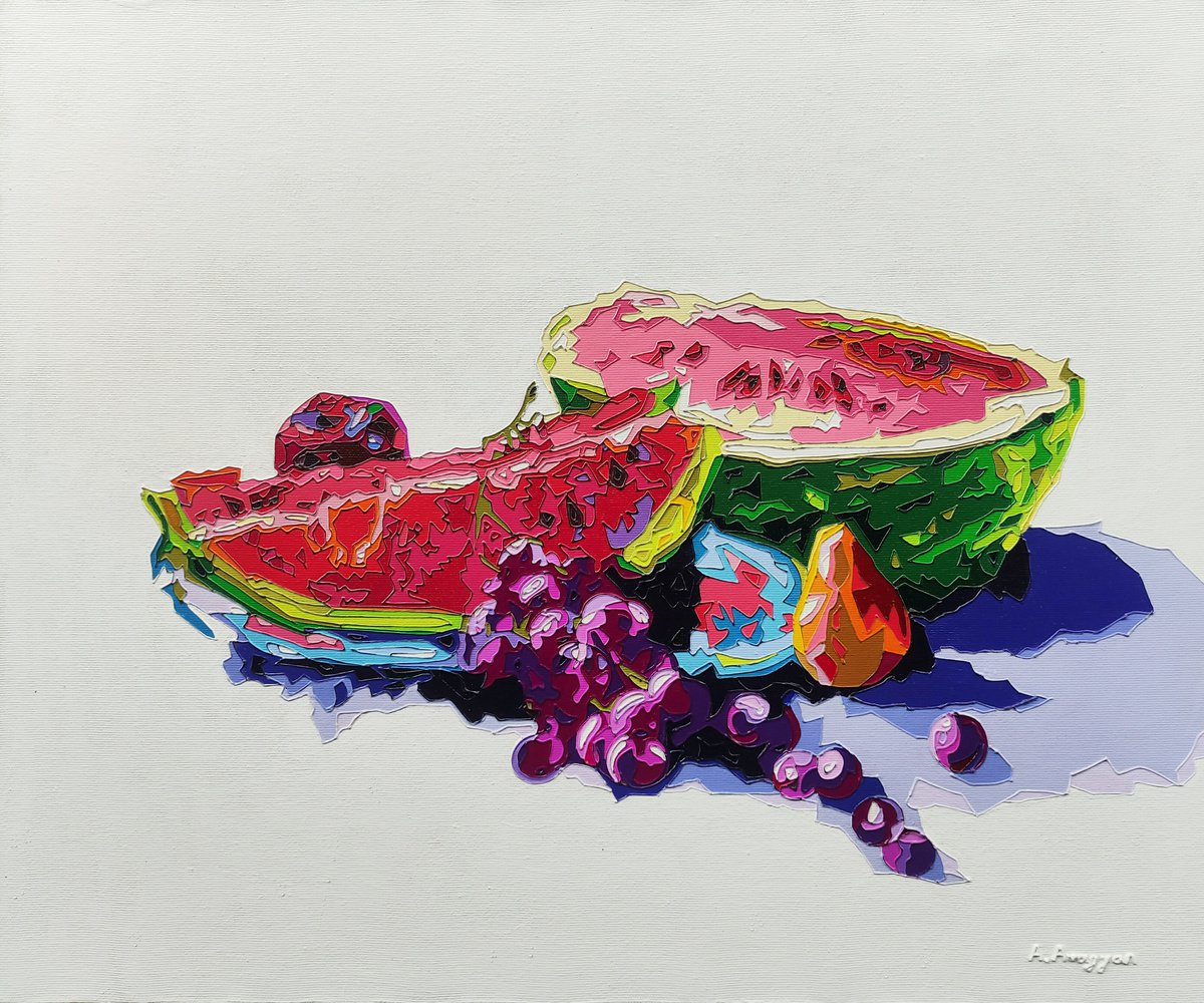 Watermelon with pear and grapes - |Unique style of painting| by Ash Avagyan