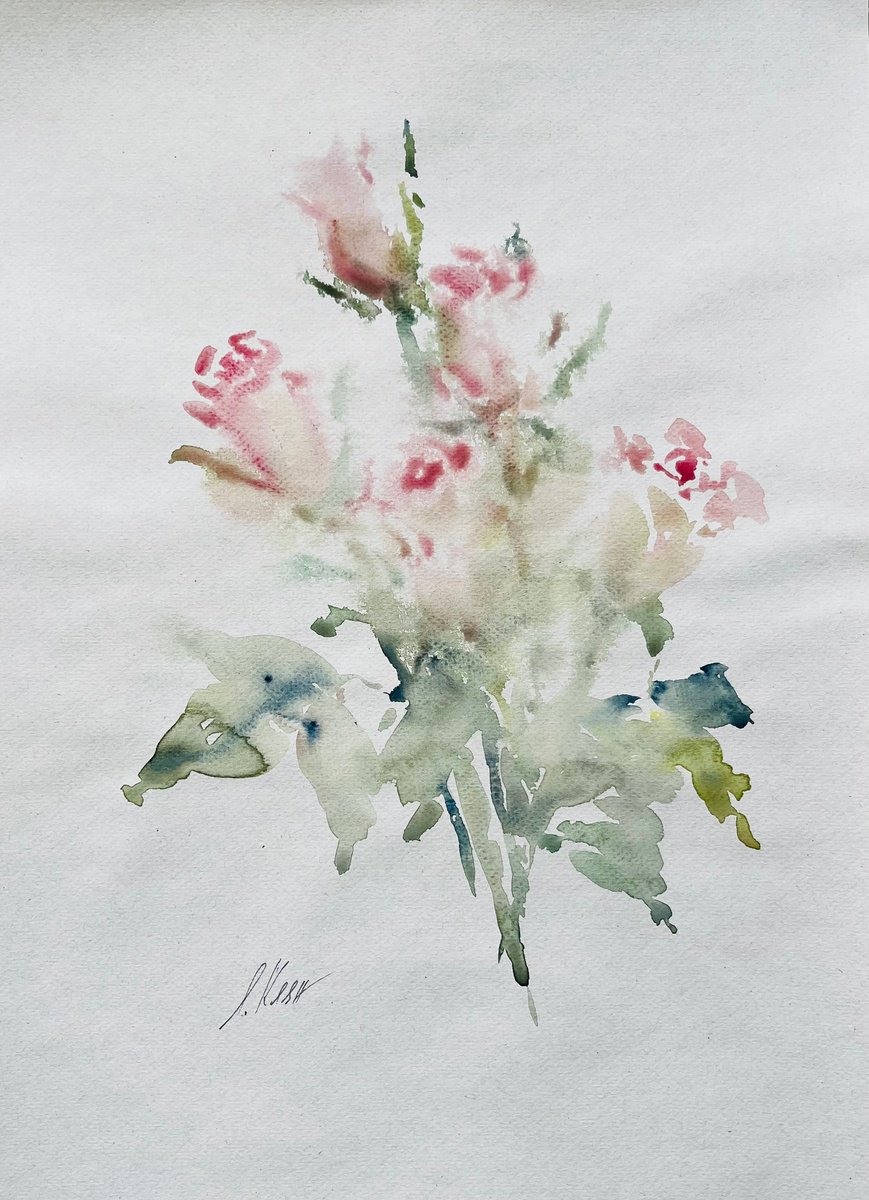 Impressionistic Botanical Watercolour By Elena Klyan, 12 X 16, Roses 2023, Original Artwork