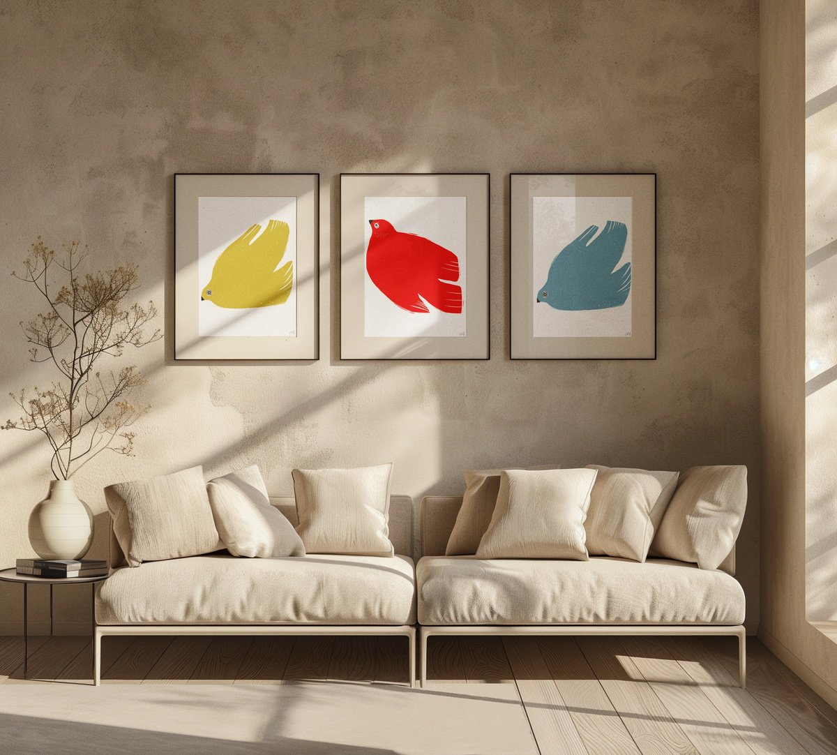 Animal Giclee Print By Emma Evans-Freke, 17 X 23, 3 Birds In Primary Colours, Original Artwork