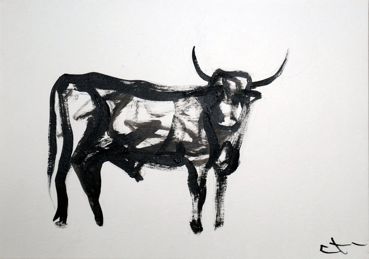 Expressive Animal Ink Drawing By Lionel Le Jeune, 12 X 8", Taureau, Original Artwork