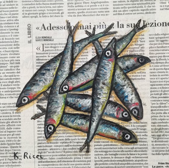 "Mixed Anchovies on Newspaper" Original Oil on Canvas Board Painting 8 by 8 inches (20x20 cm)
