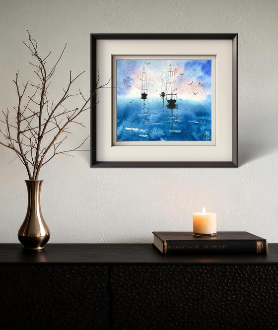 Seascape 3 yachts and seagulls