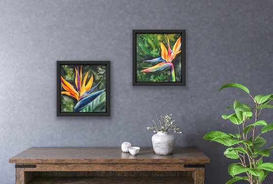 Diptych "Kiss of two strelitzia" tropical flowers bright colors watercolor painting - Gifts for him - Gift for her