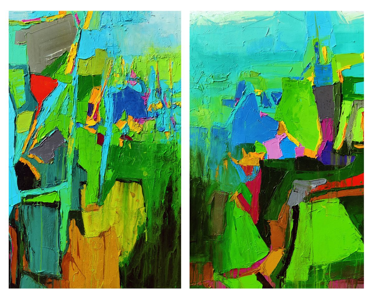 Abstract Acrylic Painting By Abhishek Kumar, 72 X 54, Read The City (Diptych), Original Artwork
