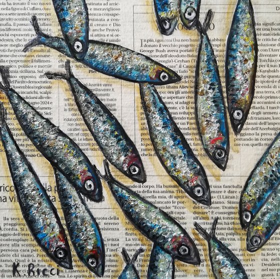 "Mixed Anchovies on Newspaper" Original Oil on Canvas Board Painting 8 by 8 inches (20x20 cm)