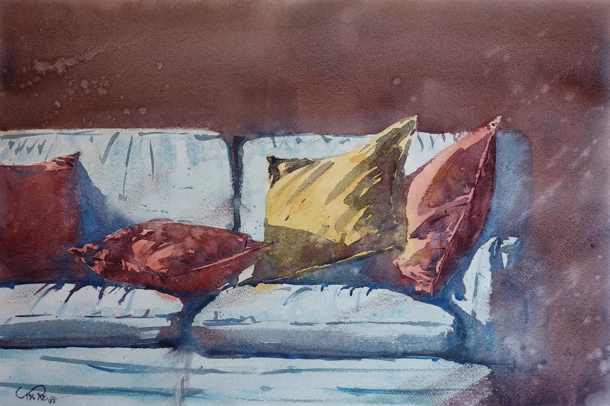 Expressive Still Life Watercolour By Tollo Pozzi, 22 X 15", My Sofa, Original Artwork
