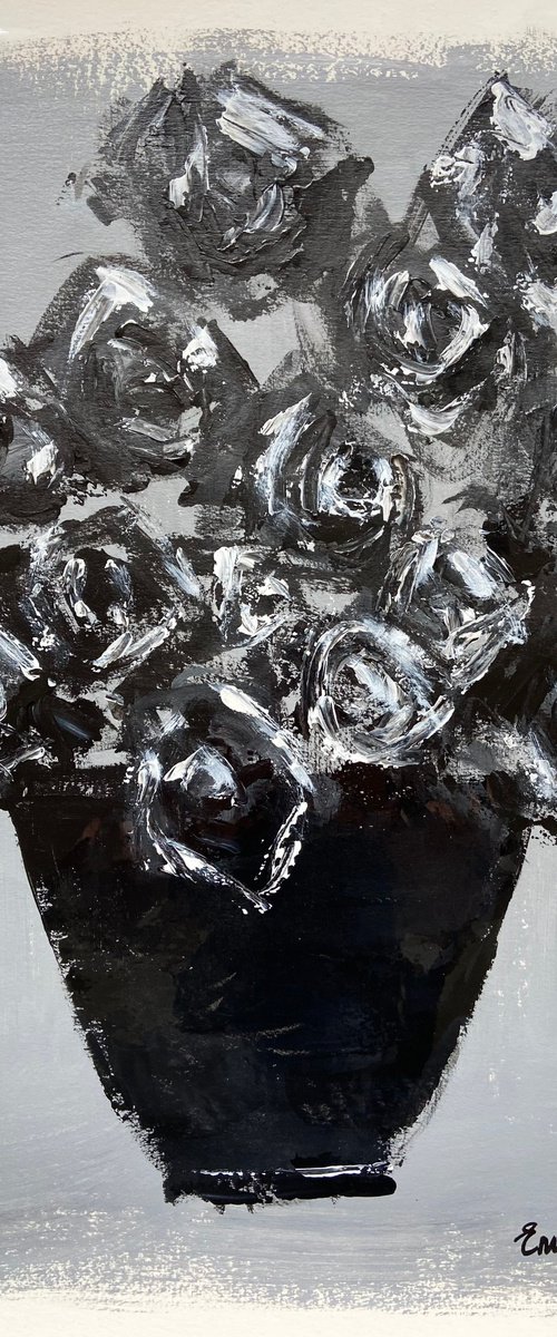 Roses in a Black Bowl acrylic on paper by Emma Bell