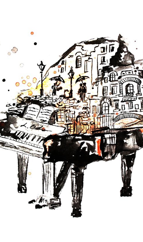 Piano with city by Luba Ostroushko