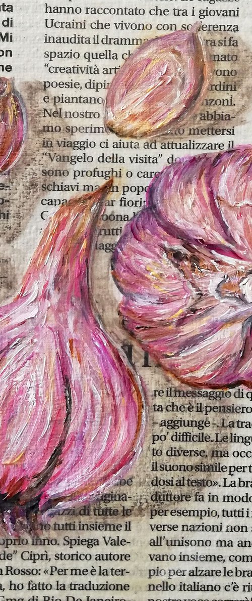 "Garlic Cloves on Newspaper" Original Oil on Canvas Board Painting 6 by 6 inches (15x15 cm) by Katia Ricci
