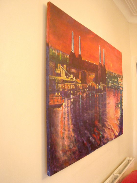 Red sunset behind Battersea Power Station large painting