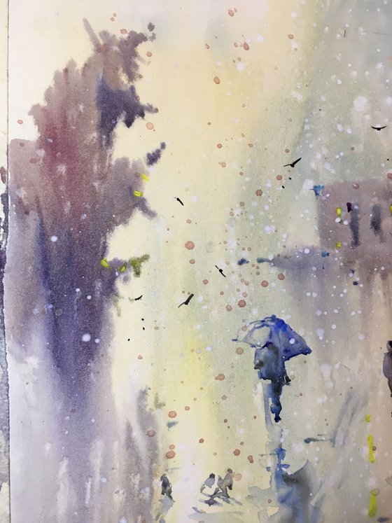 Watercolor "Walking through the rain”