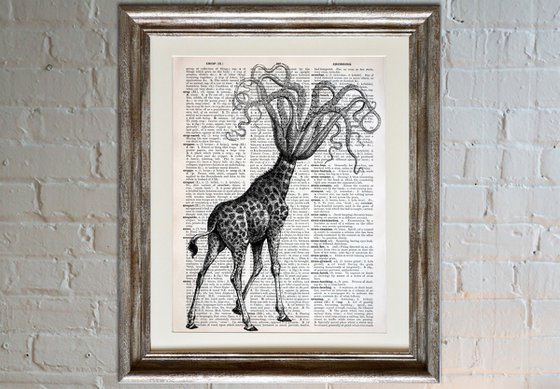 Octopus Giraffe - Collage Art Print on Large Real English Dictionary Vintage Book Page