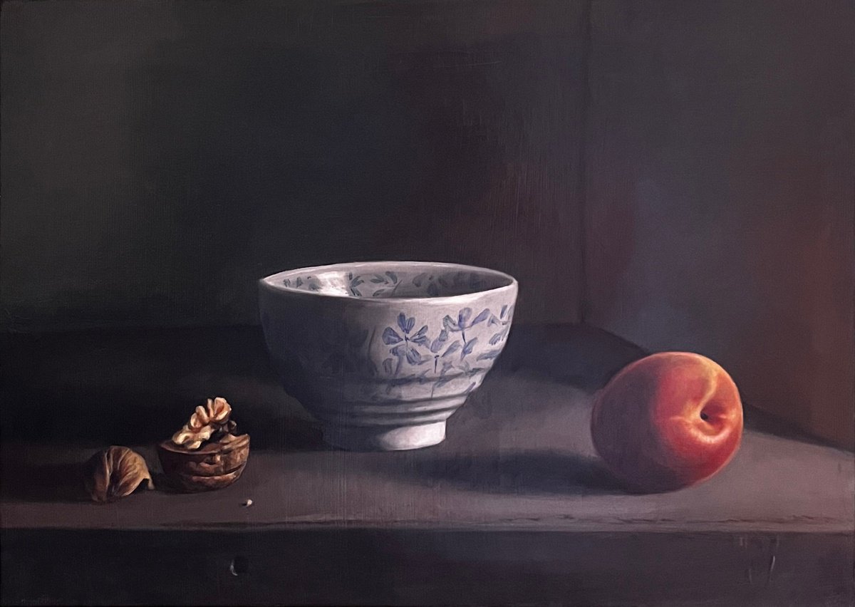 Photorealistic Oil Painting , Grisaille Still Life: Peach And Walnuts By Angelo Di Carlo, 16 X 12, Artwork For Sale On Artfinder