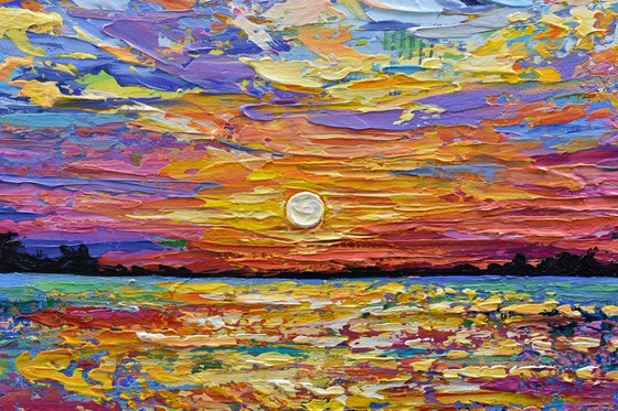 Magical Sunset - Original Sunset Painting on Canvas, Heavy impasto seascape artwork