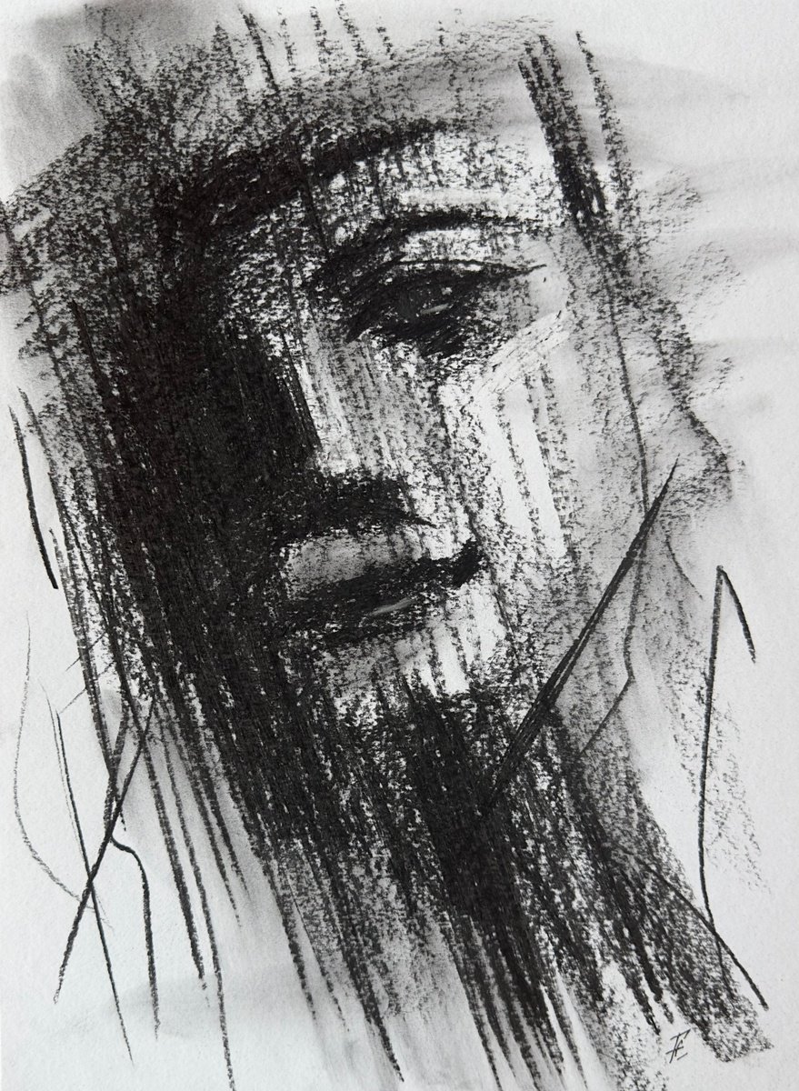 Expressive Portrait Charcoal Drawing By Nikola Gulev, 12 X 17", "Emotions Unveiled", Original Artwork