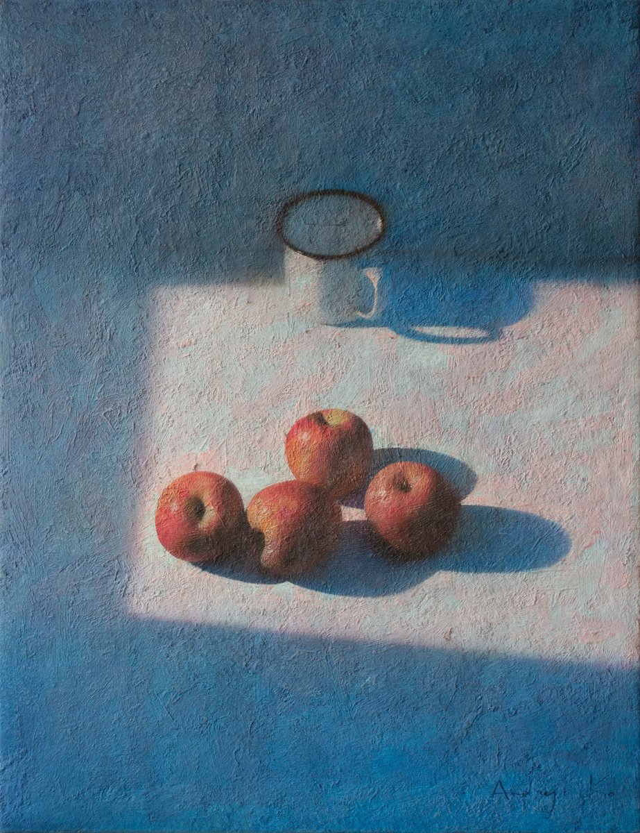 Photorealistic Still Life Acrylic Painting By Andrejs Ko, 20 X 26, Four Apples And The Mug, Original Artwork