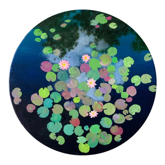 Water lily pond ! Round canvas! Ready to hang painting