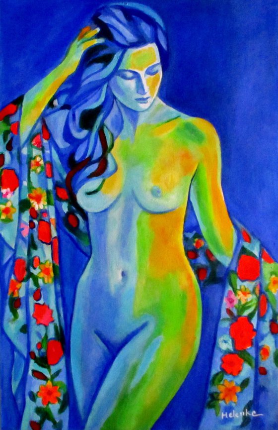 "Blue Nude With Floral Veil"