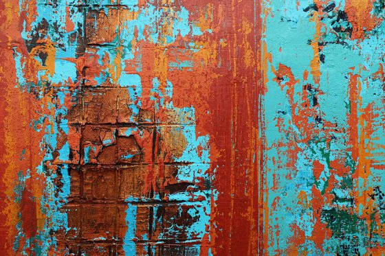 COLOR FUSION - ABSTRACT ACRYLIC PAINTING ON CANVAS * LARGE FORMAT * TURQUOISE * RED