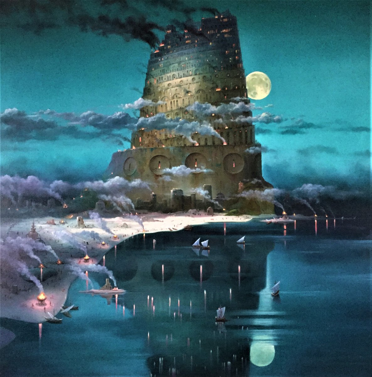 Surrealistic Cityscapes Oil Painting By Alexander Mikhalchyk, 39 X 39, The Night Tower., Original Artwork