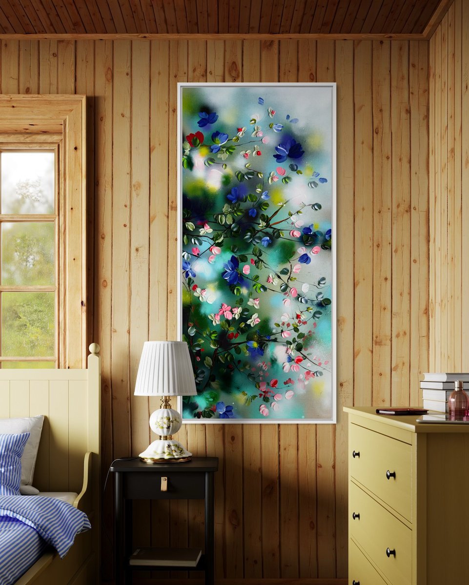 Impressionistic Abstract Acrylic Painting By Anastassia Skopp, 24 X 51, Spring Veil, Original Artwork