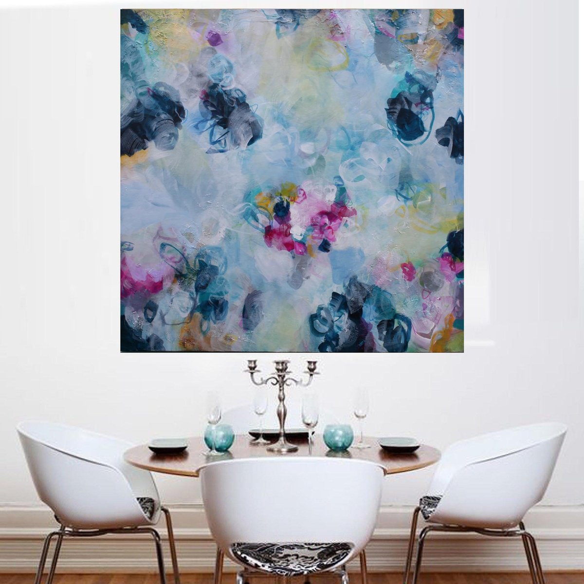 Organic Abstract Acrylic Painting By Susan Wooler, 39 X 39", Petunia Blooms, Original Artwork