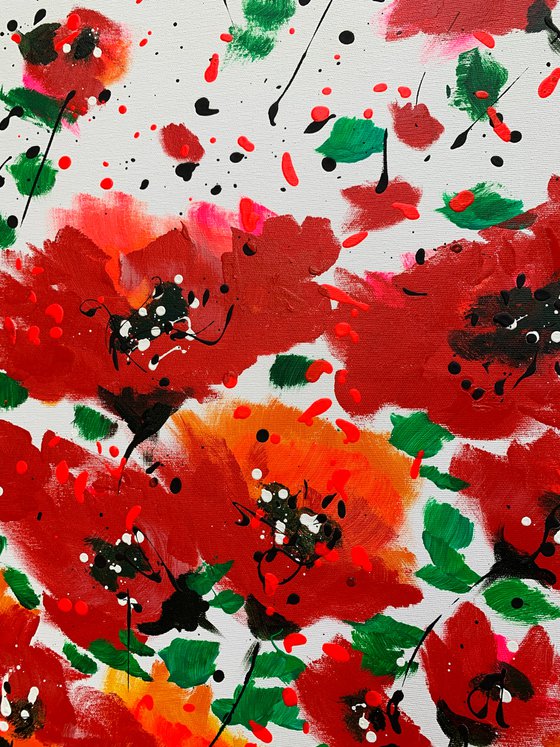 71''x 35''(180 x 90 cm), Garden of Joy 28, art, red green flowers, peony, roses, poppy  original acrylic canvas art, ready to hang