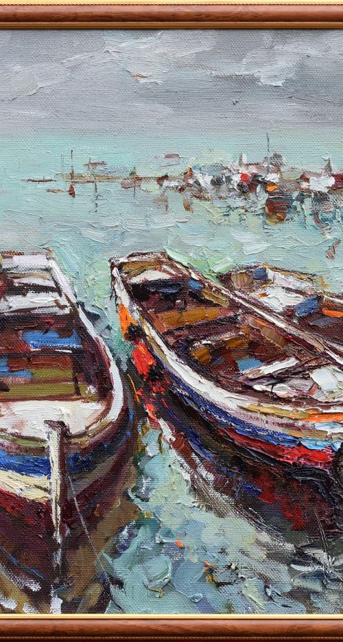 Boats at berth Seascape original oil painting on canvas by Anastasiia Valiulina