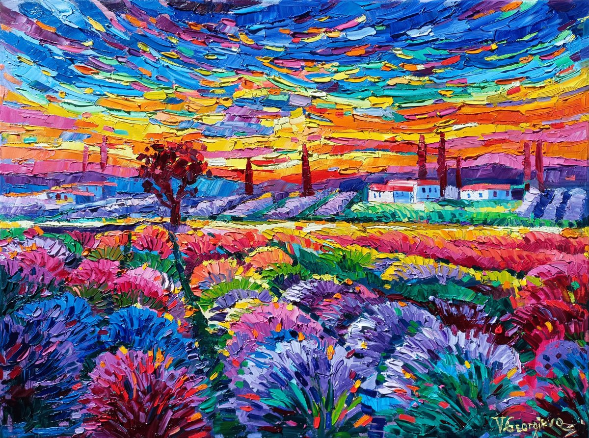 Expressive Landscape Oil Painting By Vanya Georgieva, 31 X 24", Lavender Sings 9, Original Artwork