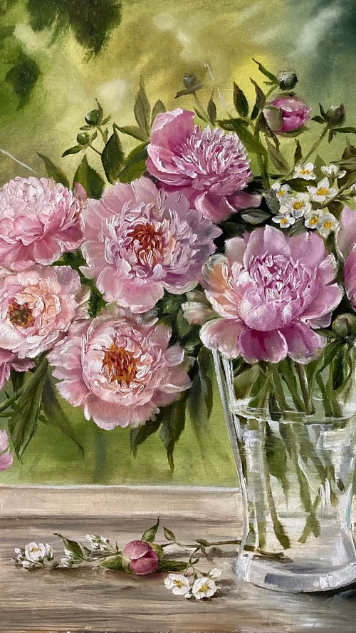 "PIONIES IN THE VASE'' oil painting on canvas. by Tetiana Tiplova