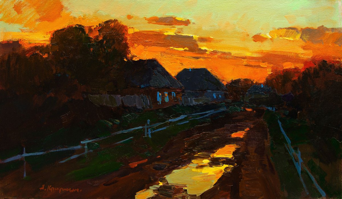 Impressionistic Landscape Oil Painting By Aleksandr Kryushyn, 24 X 14, Warm Evening, Original Artwork