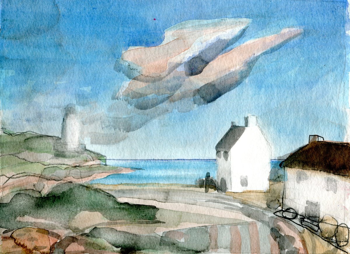 Impressionistic Landscape Watercolour By Elizabeth Anne Fox, 11 X 8, Lighthouse Harbour 3, Original Artwork
